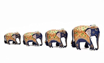 ANSH OUTLET Wooden Embossed Printed Up-Trunk Elephant Showpiece Set of 4 for Home Decoration Decorative Showpiece  -  7.6 cm(Wood, Blue)