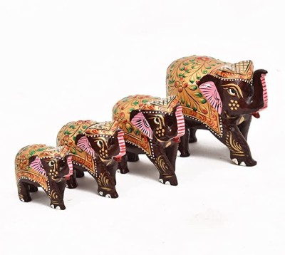 ANSH OUTLET Wooden Embossed Printed Up-Trunk Elephant Showpiece Set of 4 for Home Decoration Decorative Showpiece  -  10 cm(Wood, Brown)