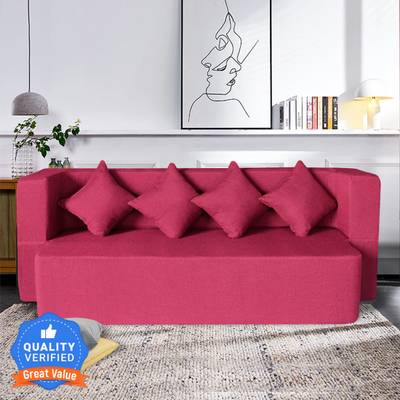 Seventh Heaven 4 Seater Sofa cum Bed- 78x36x14 inches Jute Fabric Washable Cover with 4 Cushion Single Sofa Bed