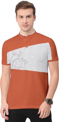 Bullmer Colorblock Men Mandarin Collar Orange T-Shirt