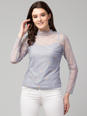 Avyola Casual Embroidered Women Grey, White, Orange Top