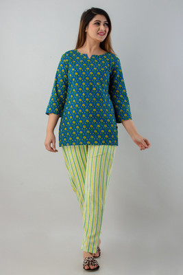 swadeshi fashion store Women Floral Print Dark Blue Top & Pyjama Set