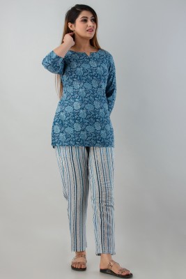 his&her Women Printed Blue Top & Pyjama Set