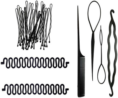Sharum Crafts 24 Bobby Hair Pin, 4pc Comb Set & 2Pc French Choti Maker Hair Accessory Set(Black)