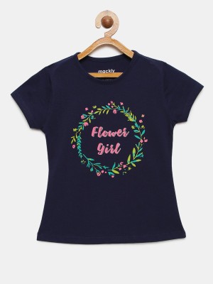 Mackly Girls Printed Pure Cotton T Shirt(Dark Blue, Pack of 1)