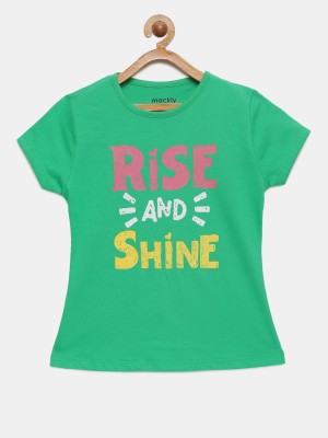 Mackly Girls Typography Pure Cotton Regular T Shirt(Green, Pack of 1)