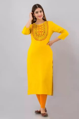 MaaPaa Women Embroidered Straight Kurta(Yellow)