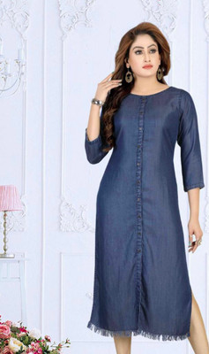 DeminCreation Women Solid Straight Kurta(Blue)