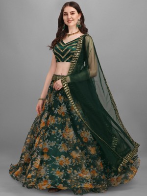 Zinariya Fab Floral Print Semi Stitched Lehenga Choli(Green)