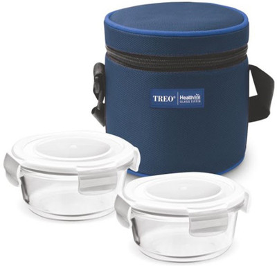 TREO Health First Glass Tiffin set of 2 pcs 380 ml Round Container in Thermostat Jacket- Blue 2 Containers Lunch Box(380 ml)