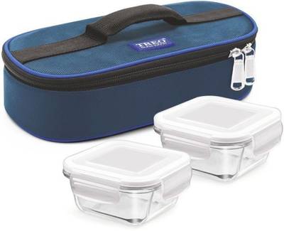 TREO Square Glass Tiffin Box With Blue Cover, 300ml, Set Of 2 Glass Containers Lunch Box 2 Containers Lunch Box