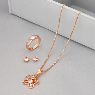 harikrupa Hari Krupa Jewellery Charming Rose Gold Flower Design Pendent set with Ring Cubic Zirconia Gold-plated Plated Alloy Necklace Set