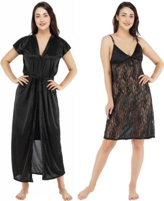 ovida Women Nighty with Robe(Black)