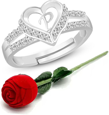 Heer Collection Heart Alphabet 'P' Valentine Ring Promise Propose Engagement Wedding Anniversary Brass, Stainless Steel, Copper, Alloy Cubic Zirconia Silver Plated Ring