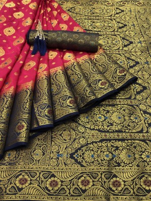SSP TEX Woven Kanjivaram Silk Blend Saree(Blue, Pink)