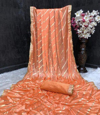 JAY AMBEY FABRICS Striped Bollywood Lycra Blend Saree(Orange)
