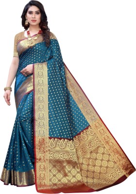 Radhika Fashion Hub Woven Kanjivaram Cotton Blend, Cotton Silk Saree(Light Blue)