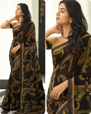 BLEESBURY Printed, Self Design, Graphic Print, Floral Print, Checkered, Solid/Plain Bollywood Georgette, Chiffon Saree(Brown)