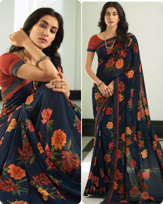 PHORIA STYLE Woven Daily Wear Georgette, Chiffon Saree(Dark Blue)