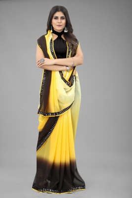 Mitiv Printed, Ombre, Temple Border, Striped, Woven, Dyed Jamdani Georgette Saree(Brown, Yellow)