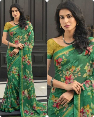 MEETVIN COUTURE Floral Print Bollywood Georgette, Chiffon Saree(Green)