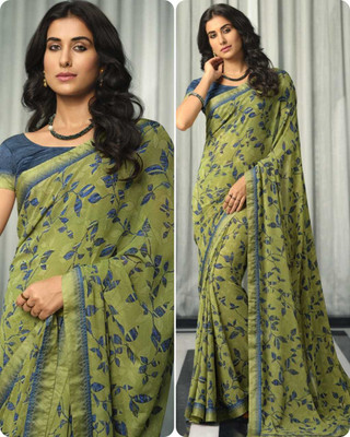 MEETVIN COUTURE Floral Print Daily Wear Georgette, Chiffon Saree(Green)