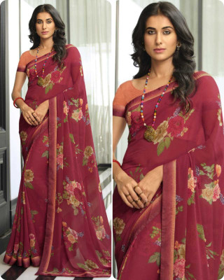 PHORIA STYLE Printed, Self Design, Graphic Print, Floral Print, Checkered, Solid/Plain Daily Wear Georgette, Chiffon Saree(Maroon)