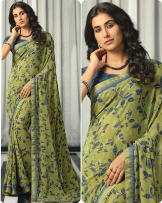 BLEESBURY Printed, Self Design, Graphic Print, Floral Print, Checkered, Solid/Plain Bollywood Georgette, Chiffon Saree(Green)