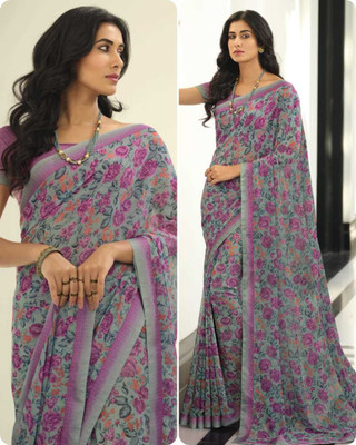 BLEESBURY Printed, Self Design, Graphic Print, Floral Print, Checkered, Solid/Plain Bollywood Georgette, Chiffon Saree(Grey)