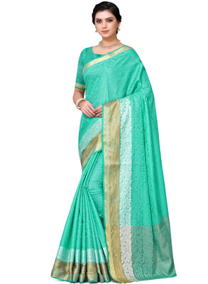 Endues Self Design, Woven, Solid/Plain Banarasi Cotton Blend Saree(Green)