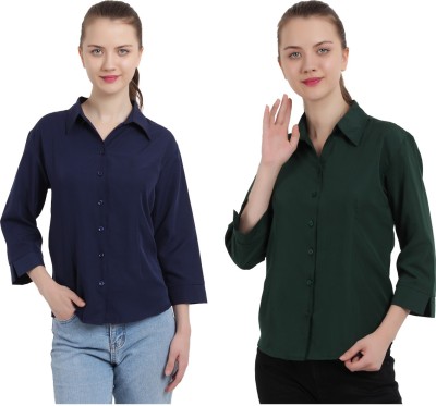 Klowvila Fashion Women Solid Casual Dark Blue, Dark Green Shirt(Pack of 2)