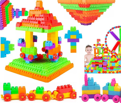 SATSUN ENTERPRISE DIY Plastic Building Blocks for Kids 60+ pcs (52 Block + 8 Tyres, Multicolor)(Multicolor)
