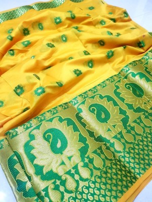 Kanooda Prints Woven Banarasi Jacquard Saree(Yellow)