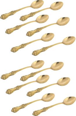 A&H Spoon Set for Dining Table Brass Set of 12 pieces Floral Design Daily Use Brass Table Spoon Set(Pack of 12)