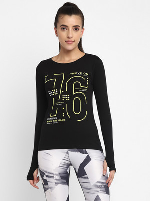 Ap'pulse Printed Women Round Neck Black T-Shirt