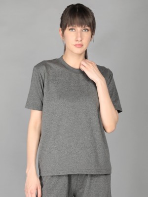 CHKOKKO Solid Women Round Neck Grey T-Shirt