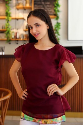 MANVIK Casual Solid Women Maroon Top