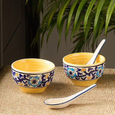 ExclusiveLane Ceramic Soup Bowl Badamwari Bagheecha' Handcrafted Soup Bowls With Spoons Set In(Pack of 2, Blue, Yellow)