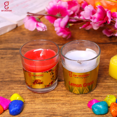 GW Creations Combo set of 2 Lemon Grass-Rose Glass Jar Candle(Red, Blue, Pack of 2)
