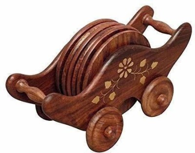 Jk Handicrafts Round Wood Coaster Set(Pack of 6)