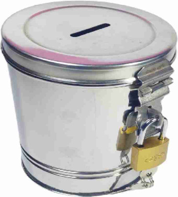 PIYU GIFT Steel round coin bank with lock & keys Coin Bank(Silver)