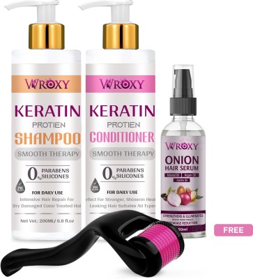 Wroxy Keratin Smooth Therapy Shampoo & Keratin Smooth Therapy Conditioner & Onion Hair Serum & Free Derma Roller(4 Items in the set)