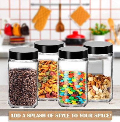 Coozico Glass Grocery Container  - 1000 ml(Pack of 4, Black)
