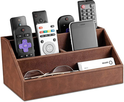 Vanquish 5 Compartments WOODEN Remote Control Holder Multi-Functional Desk Organizer caddy Home Office Supplies(Brown)