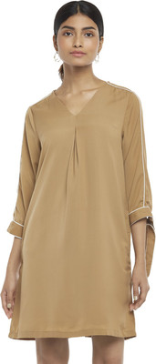 Annabelle by Pantaloons Women Shift Beige Above Knee/Mid Thigh Length Dress