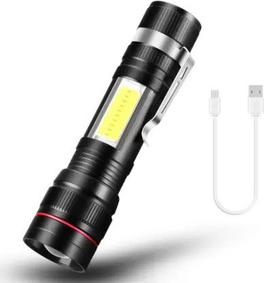 ECOSKY USB RECHARGEABLE ZOOMABLE & 3 LIGHTING MODES Aluminium Alloy Handheld Flashlight 4 hrs Torch Emergency Light(Black)
