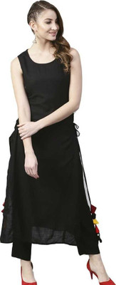 manga Women Solid Straight Kurta(Black)