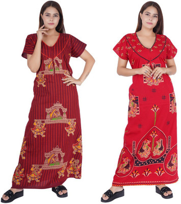 NACNO Women Nighty Set(Maroon, Red)