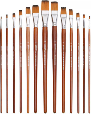 DEZIINE 13pcs-Flat Pointed Tip Soft Anti-Shedding Nylon Hair Wood Long Handle(Brown)