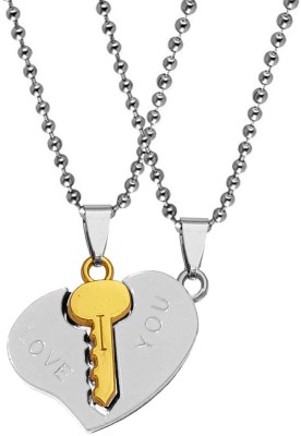 M Men Style Valentine Gift Matching Puzzle Lock And Key Couple Heart Rhodium Zinc, Metal Pendant Set